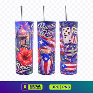 Può includere: Tre bicchieri in acciaio inossidabile con disegni a tema portoricano. Uno presenta un fiore di ibisco rosso e la parola "Borícua". Un altro ha un tamburo e le parole "Puerto Rico". Il terzo ha domino e una bandiera.