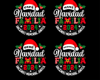 May include: Four red and white Christmas-themed circles with the text "Navidad en Familia 2024 Haciendo Memorias Juntos" and the words "Papá", "Mamá", "Bebé", and "Hermana" in each circle.