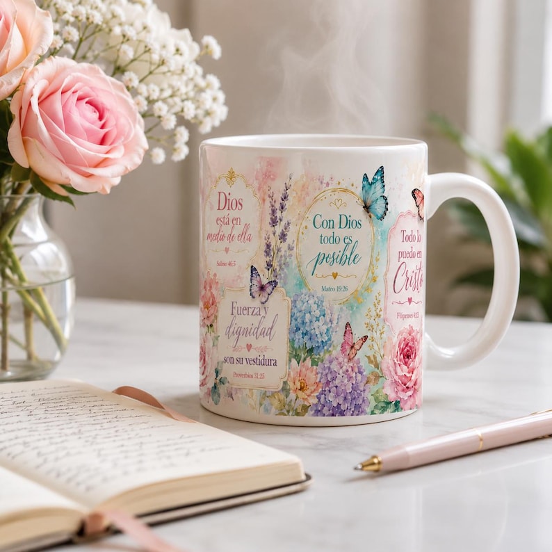 May include: White ceramic mug with floral and butterfly designs, and text in Spanish. The mug features pink, blue, and purple flowers, with butterflies. A book, pen, and flowers are in the background.