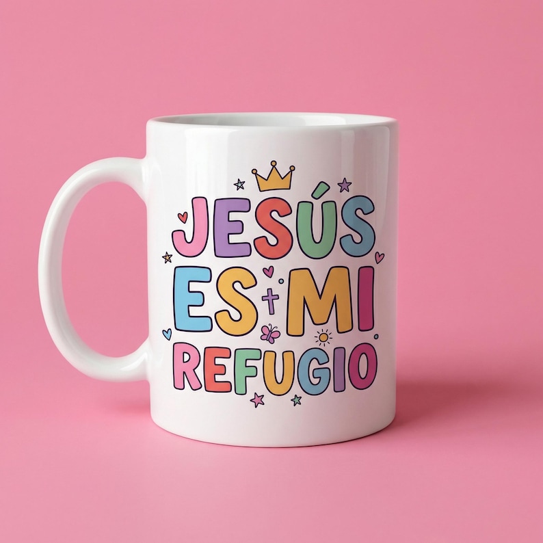 May include: White ceramic mug with the text "JES&Uacute;S ES MI REFUGIO" in colorful bubble letters. The design includes a crown, stars, hearts, and flowers. The mug has a curved handle and is set against a pink background.