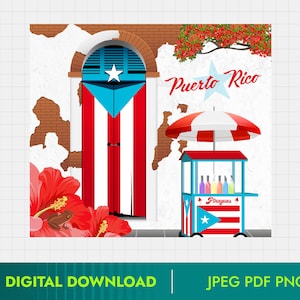 May include: A digital illustration of a Puerto Rican scene with a red, white, and blue door with a star, a red, white, and blue striped awning, and a red, white, and blue cart with the text "Piraguas" and a star. The text "Puerto Rico" is written in a stylized font above the awning.