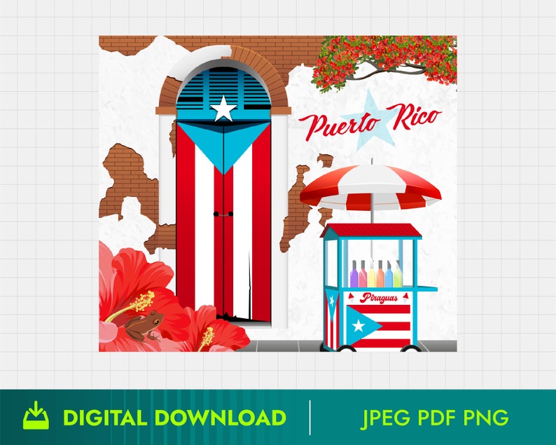 May include: A digital illustration of a Puerto Rican scene with a red, white, and blue door with a star, a red, white, and blue striped awning, and a red, white, and blue cart with the text "Piraguas" and a star. The text "Puerto Rico" is written in a stylized font above the awning.