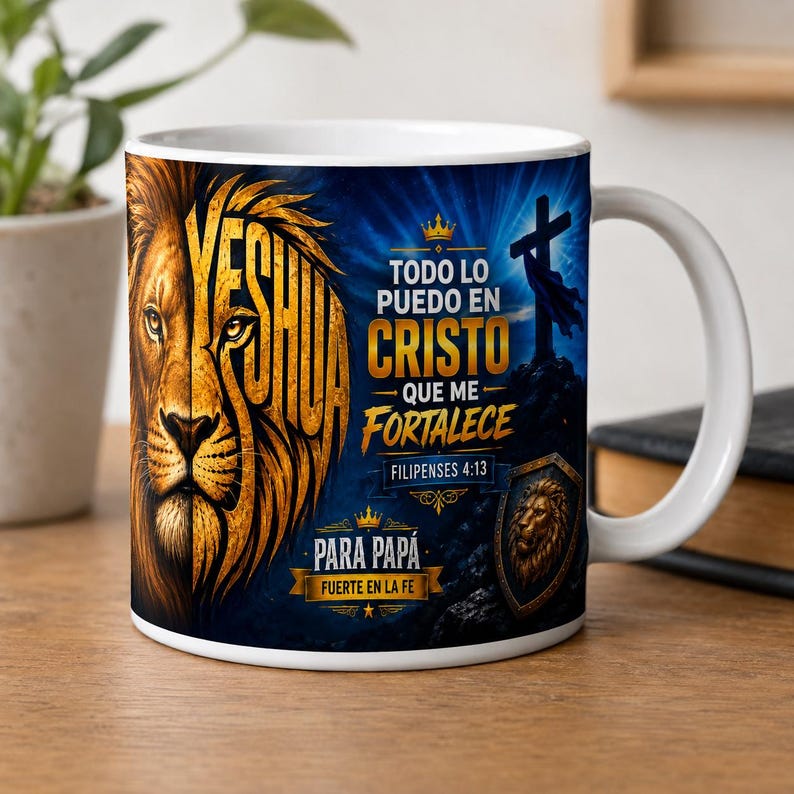 May include: White ceramic mug featuring a lion's face with the word "YESHUA" in gold lettering. The mug also displays the text "TODO LO PUEDO EN CRISTO QUE ME FORTALECE" and "PARA PAP&Aacute;" in gold, with a cross and shield design.