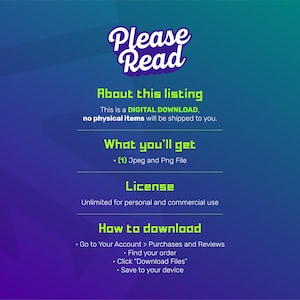 May include: Digital download information graphic with a gradient blue and purple background. Text includes "Please Read", "About this listing", "What you'll get", "License", and "How to download". The graphic states the product is a digital download.