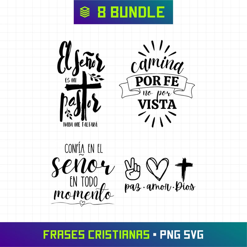 May include: Black and white digital design featuring eight Christian phrases in Spanish. The phrases include "El Se&ntilde;or es mi pastor", "Camina por fe no por vista", "Conf&iacute;a en el Se&ntilde;or en todo momento", and "Paz, amor, Dios".
