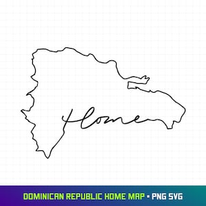 Puede incluir: Un contorno de línea negra de la República Dominicana con la palabra "home" escrita en cursiva.
