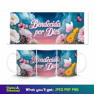 Bendecida Por Dios Becher, 11 Unzen Becherverpackung, Christliche Becherverpackung, Religiöser Becher, Christlicher Zitat Becher, Spanisches Christliches Zitat, Frühlingsbecher, Gott Becher
