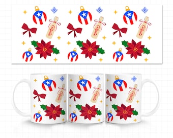May include: A white 11oz mug wrap design featuring a festive Christmas pattern with red poinsettias, green holly, gold stars, blue snowflakes, and red bows. The design also includes a small bottle with the word "Coquito" and a red, white, and blue ornament with a Puerto Rican flag design.