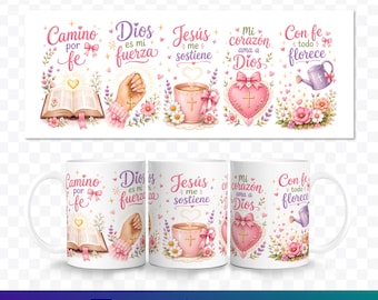 May include: White ceramic mugs with watercolor illustrations and text in Spanish. Designs include an open book, a hand holding a cross, a coffee cup, a heart, and a watering can, each with a religious theme. The text includes phrases like "Camino por fe" and "Dios es mi fuerza."