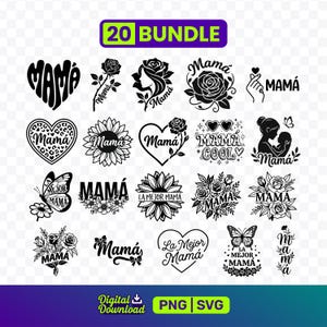 Puede incluir: Un paquete de descarga digital con 20 diseños en blanco y negro con la palabra "Mamá" en varias fuentes y estilos. Los diseños incluyen corazones, flores, mariposas y siluetas, perfectos para proyectos de manualidades. El paquete incluye archivos PNG y SVG.