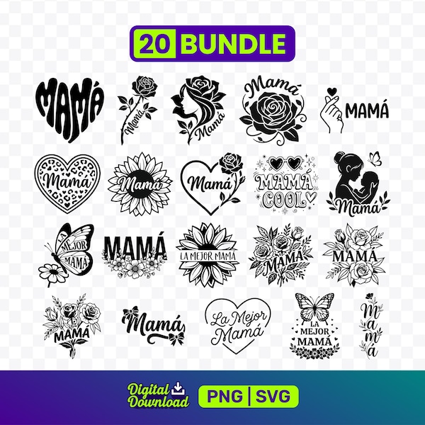 Könnte beinhalten: Ein digitales Download-Bundle mit 20 schwarz-weißen Designs mit dem Wort "Mama" in verschiedenen Schriftarten und Stilen. Designs umfassen Herzen, Blumen, Schmetterlinge und Silhouetten, ideal für Bastelprojekte. Das Bundle enthält PNG- und SVG-Dateien.