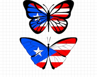 May include: Two butterfly silhouettes in the colours of the Puerto Rican flag, red, white and blue. The top butterfly has a white star on the blue wing, and the bottom butterfly has a red star on the blue wing.