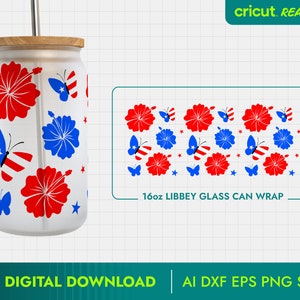 May include: A 16oz Libbey glass can wrap with a red, white, and blue butterfly and flower pattern. The design is perfect for a patriotic theme.