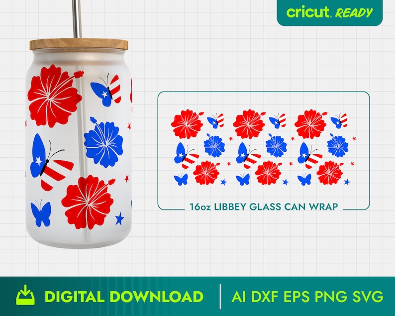 May include: A 16oz Libbey glass can wrap with a red, white, and blue butterfly and flower pattern. The design is perfect for a patriotic theme.