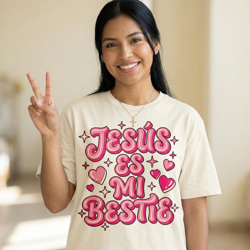 May include: Cream-colored t-shirt with the text "Jes&uacute;s es mi bestie" in pink and white, decorated with hearts and stars. The shirt has a crew neck and short sleeves.