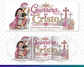 Guerrera de Cristo Mug Wrap PNG, Spanish Christian Woman Sublimation, Pink Rhinestone Warrior Faith Digital Download