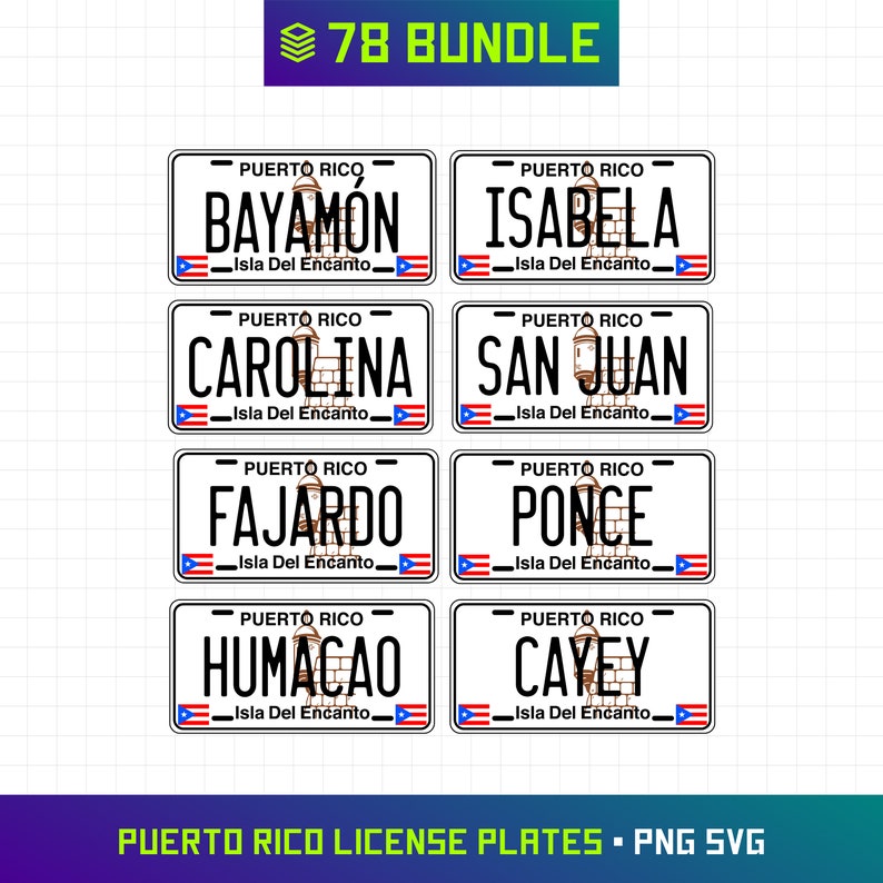 May include: A set of eight digital files featuring Puerto Rican license plates. Each plate features a different city name, including Bayamon, Isabela, Carolina, San Juan, Fajardo, Ponce, Humacao, and Cayey. The plates are white with black text and a small Puerto Rican flag in the bottom corners.