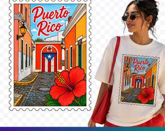 Puerto Rico PNG, Boricua Shirt Design, Old San Juan Postal Stamp Art, Hibiscus Tropical Puerto Rican Digital Download