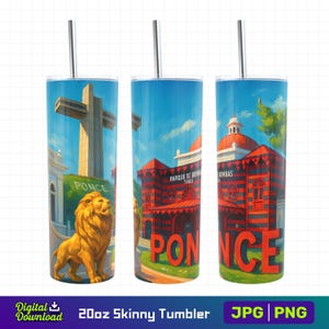 Papier d'emballage pour verres Ponce Puerto Rico, 20 oz, skinny | Parque de Bombas, Cruceta del Vigía, lettres PONCE, statue de lion | Conception par sublimation PNG