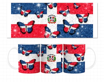 Dominican Republic Flag Mug Wrap: Butterfly Design (PNG, JPEG)