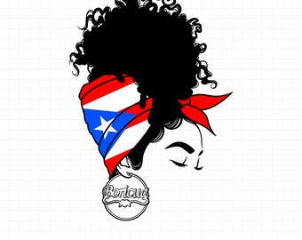 May include: A black and white graphic of a woman with curly hair and a red, white, and blue bandana featuring the Puerto Rican flag. The image includes the word "Boricua" in a circular design and the text "PUERTO RICO MESSY BUN GIRL".