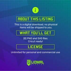 May include: A digital download listing for 8 PNG and SVG files, ready for Cricut use. The listing includes a license for unlimited personal and commercial use. The text "ABOUT THIS LISTING", "WHAT YOU'LL GET", "LICENSE", and "LIOMAL STUDIOS" is displayed on a blue and green grid background.