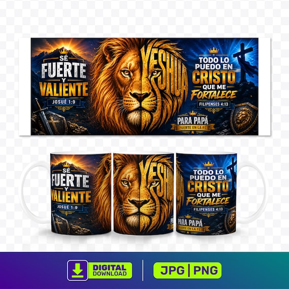 Christian Dad Mug Wrap PNG JPG, Spanish Bible Verse Mug Design, Yeshua Lion Fathers Day Sublimation, 11oz Mug Wrap