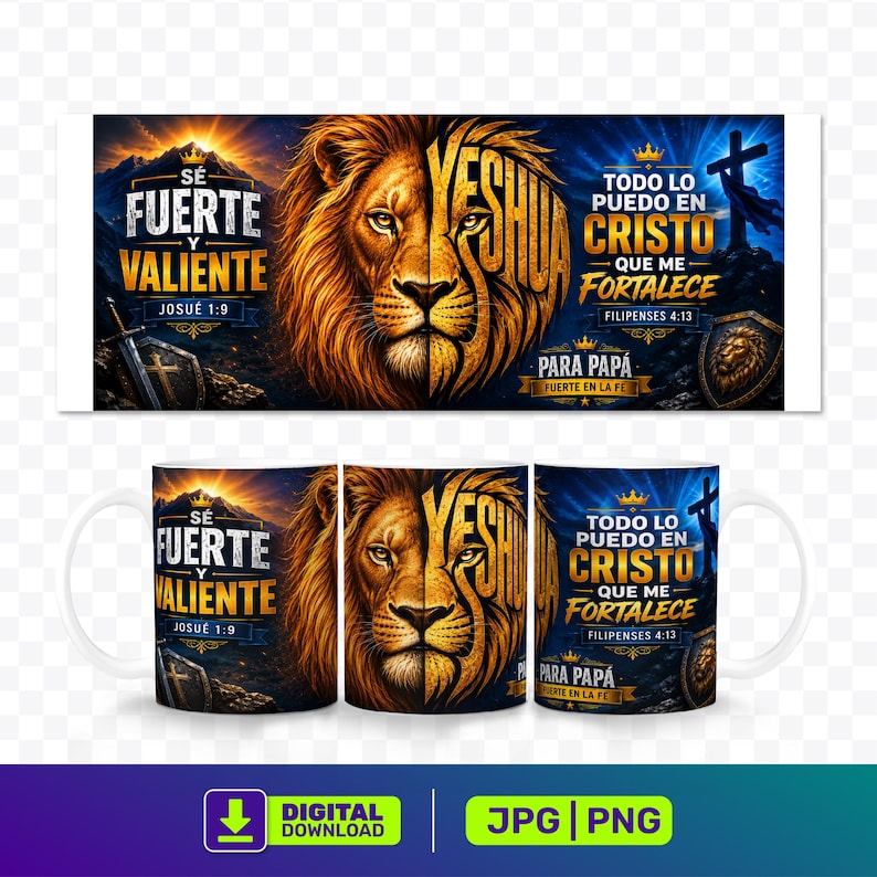 May include: A white ceramic mug and a rectangular banner featuring a lion's face split down the middle. The mug and banner have text in Spanish, including "SE FUERTE Y VALIENTE" and "TODO LO PUEDO EN CRISTO". The banner also has a cross.