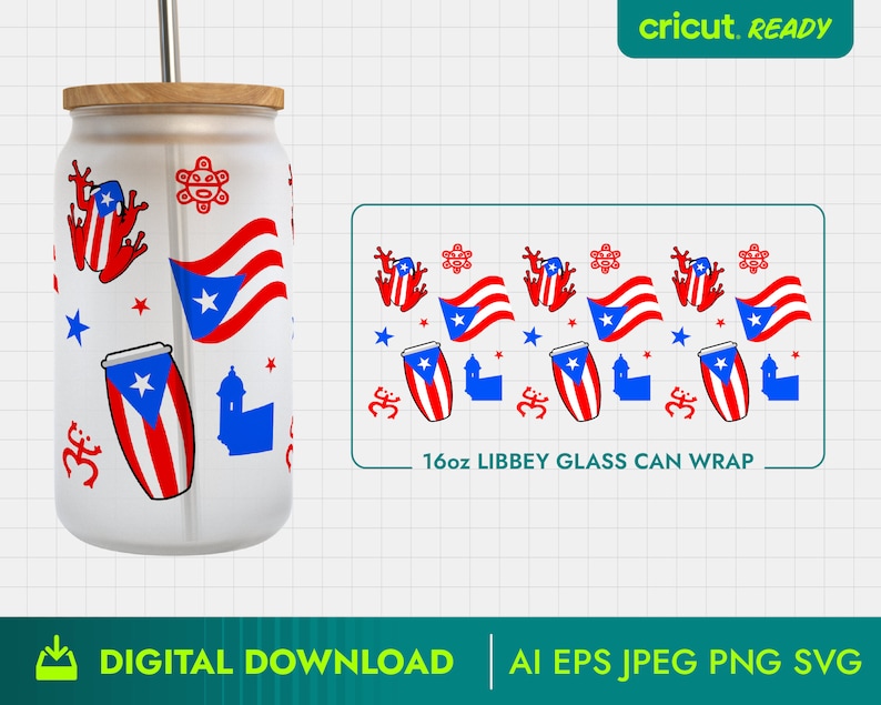 May include: A white 16oz glass can wrap with a repeating pattern of red, white, and blue Puerto Rican flags, congas, frogs, and the symbol Om. The text "16oz LIBBEY GLASS CAN WRAP" is printed at the bottom of the design.