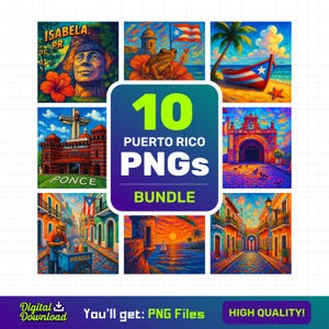 May include: A digital download bundle of 10 Puerto Rico PNG images. The images feature colorful scenes of Puerto Rican landmarks, including a fort, a beach, and a street scene. The text "10 Puerto Rico PNGs Bundle" is displayed in a green box.