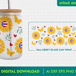 16 oz Libbey Glass, Puerto Rico Libbey Wrap, Puerto Rico SVG, Puerto Rico PNG, Sunflower Pattern, Puerto Rico Clipart, Cut File SVG, Boricua