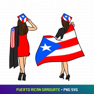 Puede incluir: Dos ilustraciones de una persona con una gorra y una bata de graduación con la bandera de Puerto Rico. Una persona sostiene la bandera y la otra lleva una gorra de graduación con la bandera en ella.