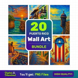 Conjunto de Arte de Parede de Porto Rico | 20 PNGs de Paisagens Acrílicas Coloridas | Impressões de Pôster de Ilhas Tropicais | Cenários em Proporção 2:3 para Decoração de Casa e Airbnb