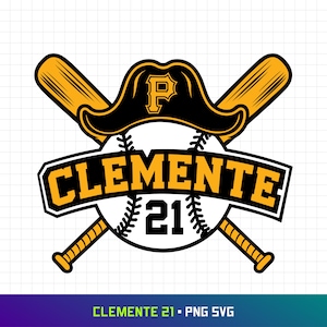 Puede incluir: Un logotipo de béisbol negro y amarillo con una pelota de béisbol en el centro. La pelota de béisbol tiene un contorno negro y el número 21 en el centro. El logotipo también incluye un sombrero de pirata negro con una letra P amarilla en él. El texto "CLEMENTE" está escrito en letras amarillas sobre una pancarta negra.
