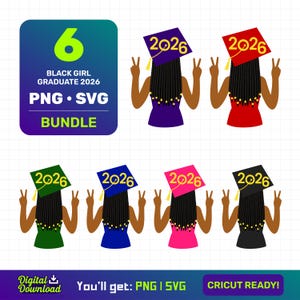 2026年卒業式 SVG PNG バンドル – キャップとボックスブレードの黒人女性のクリップアート – アフリカ系アメリカ人少女卒業式デジタルダウンロード