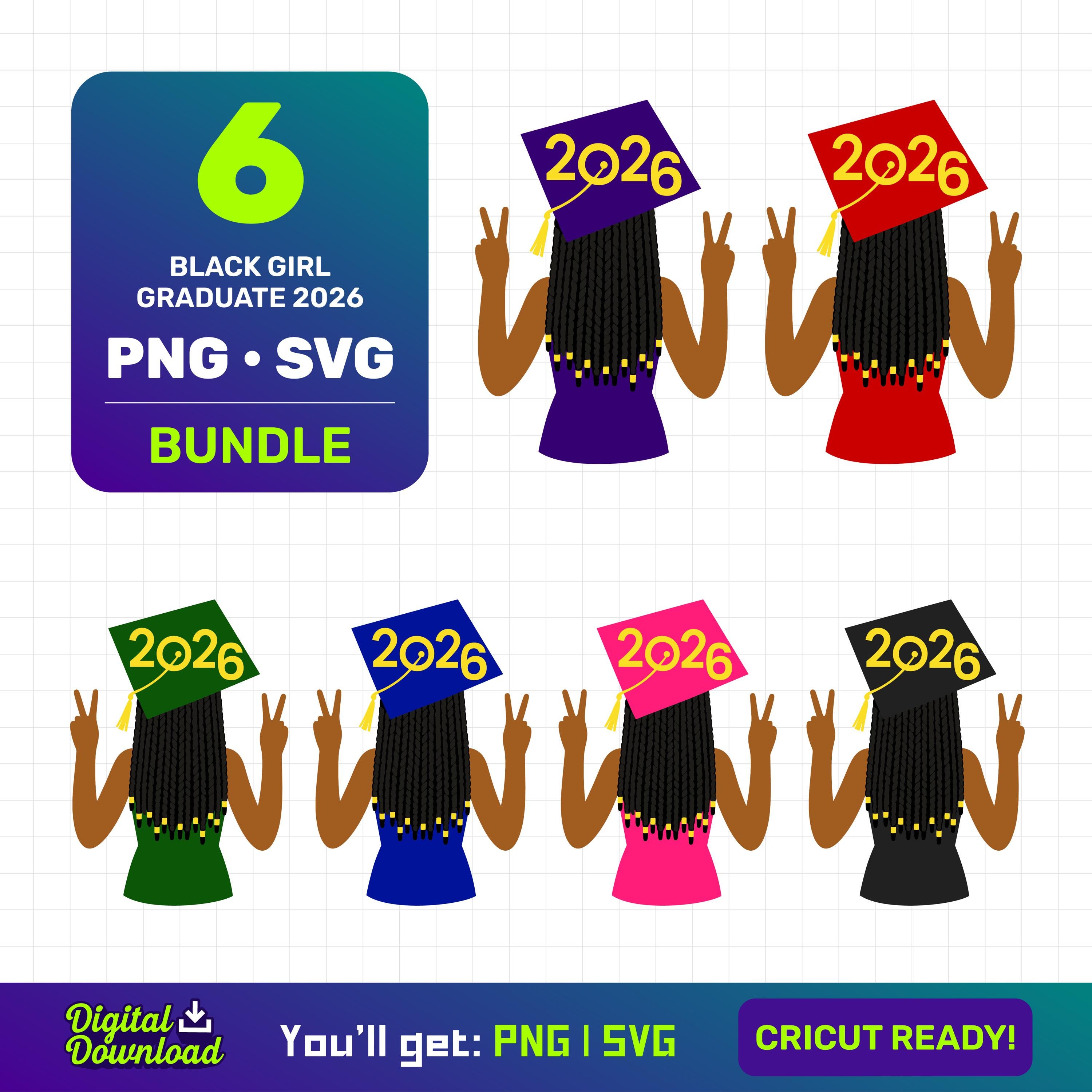 Senior 2026 Graduation SVG PNG Bundle – Black Woman Clipart with Cap & Box Braids – African American Girl Graduation Digital Download