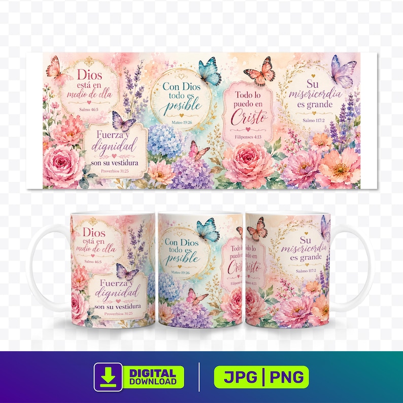 May include: Three white ceramic mugs and a matching rectangular design, both adorned with floral arrangements, butterflies, and Spanish inspirational text. The design features a pastel colour palette with pink, purple, and blue hues.