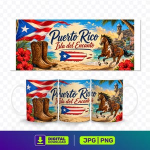 May include: A white ceramic mug and a rectangular design featuring the Puerto Rican flag, cowboy boots, a running horse, and the text "Puerto Rico Isla del Encanto". Red hibiscus flowers and a beach scene are also depicted.