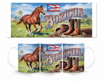 Taza de caballo boricua, envoltorio de taza de 11 oz, envoltorio de taza de Puerto Rico, diseño de Puerto Rico, envoltorio de taza del oeste, diseño de caballo puertorriqueño, envoltorio de taza de acuarela