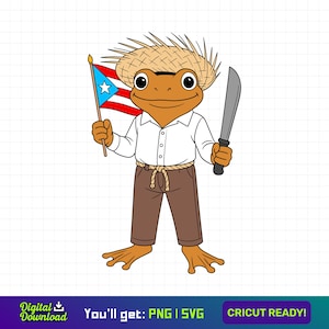 May include: A cartoon frog illustration wearing a straw hat, white shirt, and brown trousers, holding a Puerto Rican flag and a machete. The frog is brown with large eyes and webbed feet. The image is a digital download.