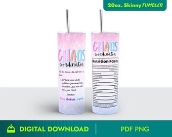Chaos Coordinator 20oz Tumbler Wrap: Pink Glitter Design (PNG, PDF)