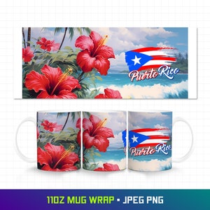 puerto Rico 11 oz Tasse, 11 oz Becherverpackung, puerto Rico Png, puerto Rico Flagge, Hibiskus Blumen, Boricua, puertoricanischer Stolz, Png für Sublimation