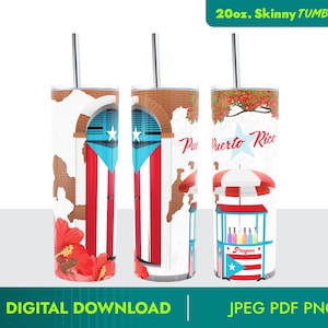 May include: A 20oz skinny tumbler with a design featuring a red, white, and blue Puerto Rican flag, a red hibiscus flower, and a small building with a door. The text "Puerto Rico" is written in red and white letters on the tumbler.