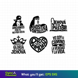 May include: Six black and white religious themed designs with Spanish text. The designs include a blindfolded woman, a muscular arm with a cross, a shepherd's crook, a crown, a heart, and a cross with a mountain behind it.