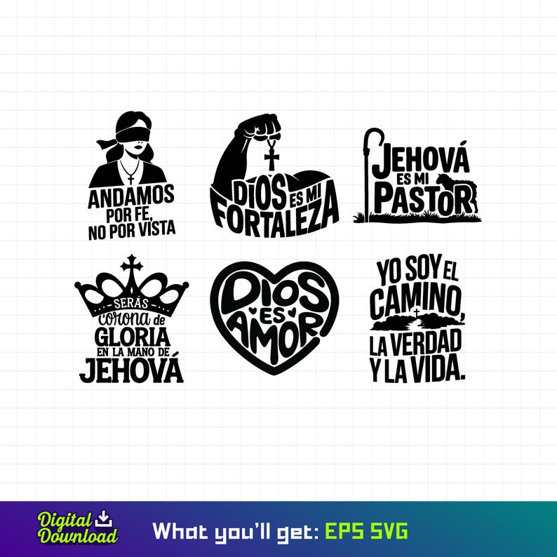 May include: Six black and white religious themed designs with Spanish text. The designs include a blindfolded woman, a muscular arm with a cross, a shepherd's crook, a crown, a heart, and a cross with a mountain behind it.