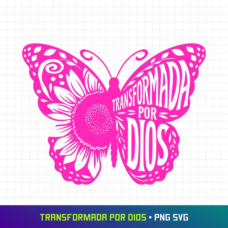 May include: A pink butterfly with a sunflower design and the text "TRANSFORMADA POR DIOS" in white.