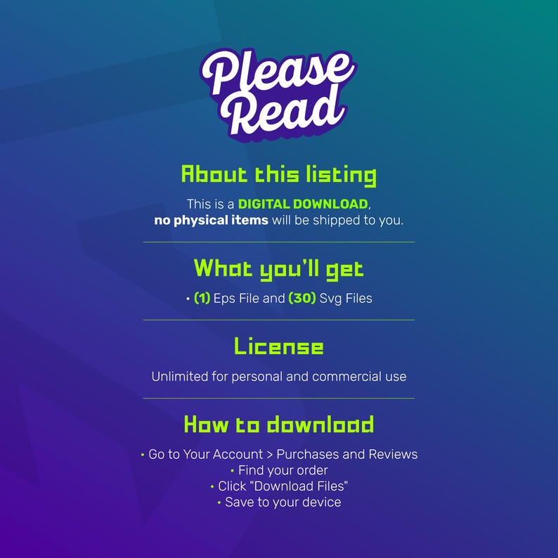 May include: A digital download listing for a set of 31 vector files, including one EPS file and 30 SVG files. The listing includes information about the license, which allows unlimited personal and commercial use. Instructions for downloading the files are also provided.