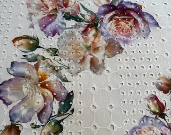 Bestickter Batist Stoff: Italienische Sangallo Baumwolle mit Rosen