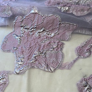 Lavender Organza Brocade Fabric with Embossed Design, Luxury Italian Fabric by Yard.