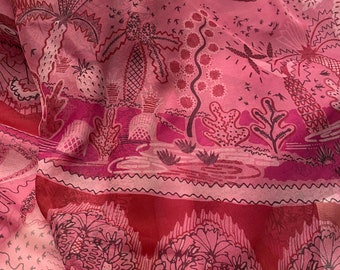 Silk Chiffon Fabric Panel: Pink Red Tropical Print, Italian Couture